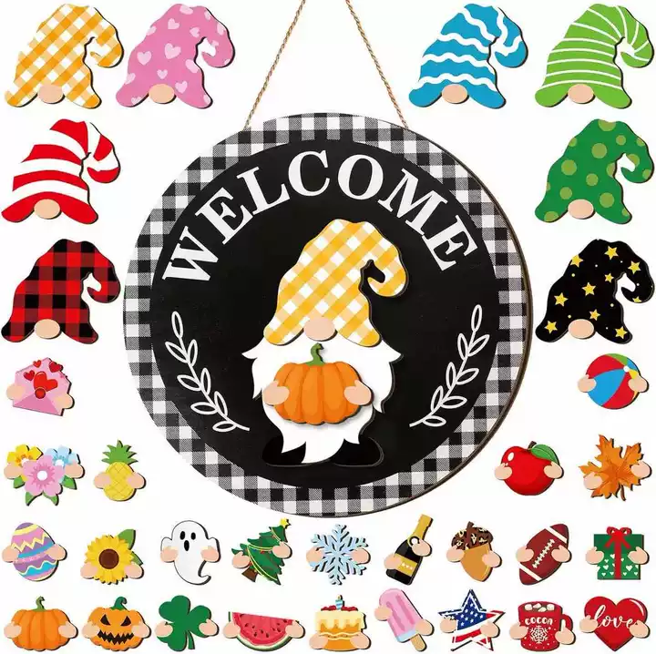Gejoy Interchangeable Gnome Decor Halloween Welcome Sign Wooden Sign With Detachable Gnome Hats Magnet Wall Hanging For Home Graden Porch Halloween Christmas Thanksgiving Autumn Party, Season Gnomes Decor, Housewarming Gift, Door Wreath
