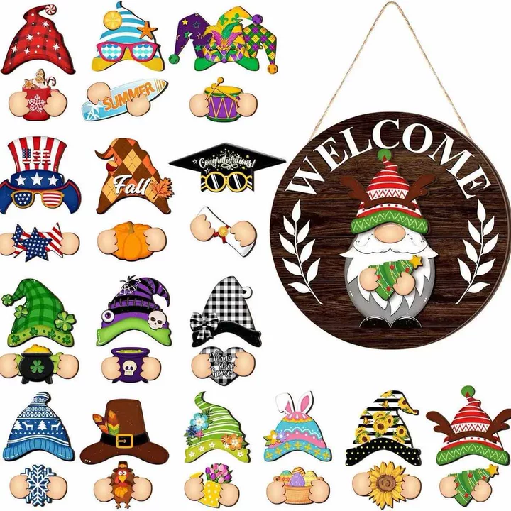 Gejoy Interchangeable Gnome Decor Halloween Welcome Sign Wooden Sign With Detachable Gnome Hats Magnet Wall Hanging For Home Graden Porch Halloween Christmas Thanksgiving Autumn Party, Season Gnomes Decor, Housewarming Gift, Door Wreath