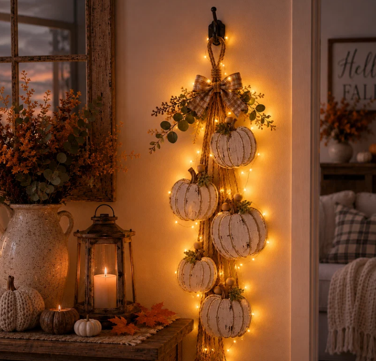 🔥BUY 2 SAVE 15% -🎃 Rustic White Pumpkin Hanging Swag – 5-Pumpkin Fall Door & Wall Decoration for Farmhouse Autumn Decor
