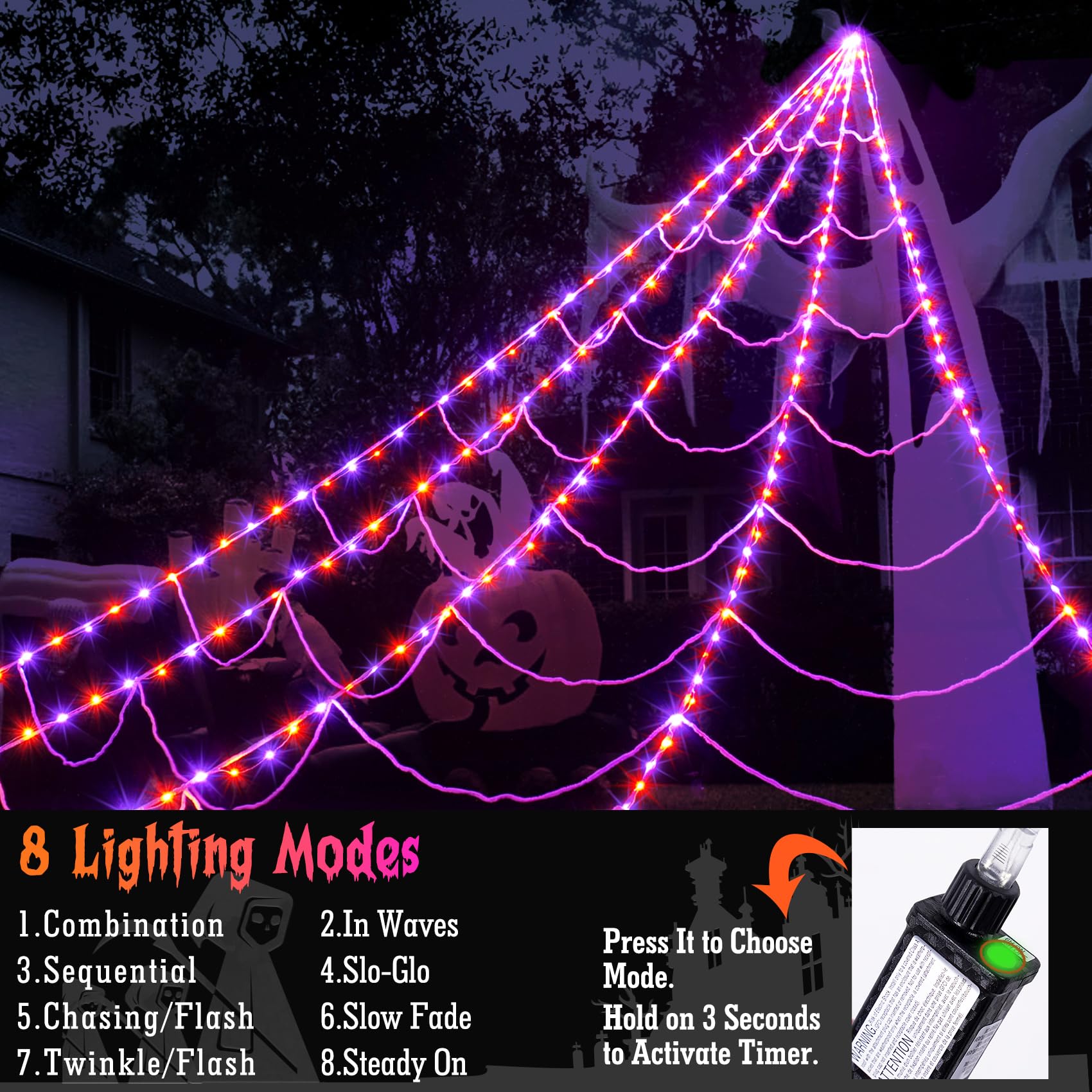 Halloween Spider Web Lights Decoration 250 LED Light up Spider Webs Halloween Decorations Outdoor with 59" Large Spider & 3.53 oz Stretch Cobweb 16.4 Ft Giant Web with 8 Modes (Purple & Orange)