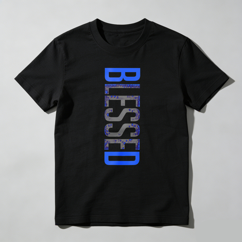 Dorawear™  Blessed Vertical Blue Text Design T Shirt  100% cotton