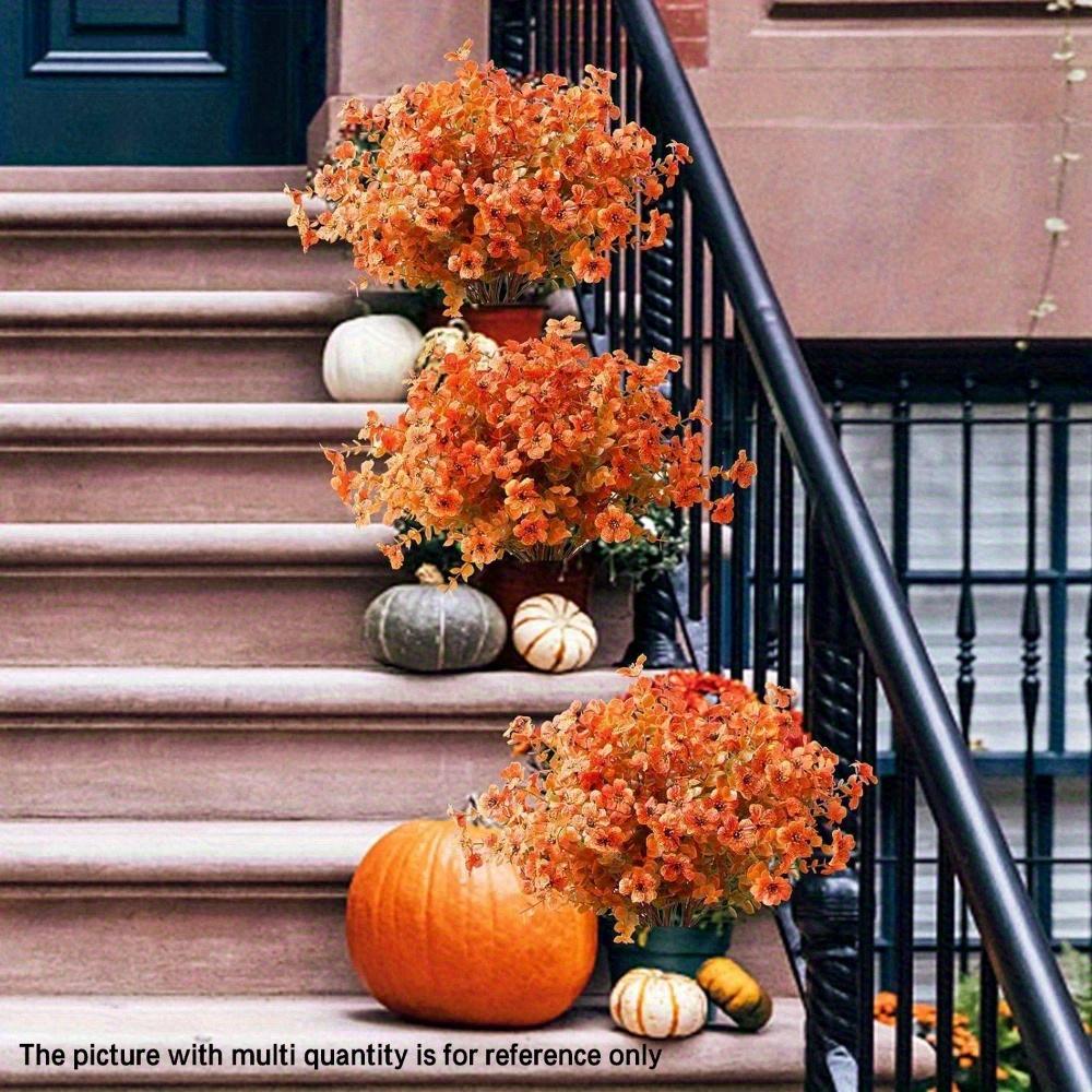 12 Bundles Orange Faux Fall Mums, UV Resistant Artificial Outdoor Flowers for Porch Planters
