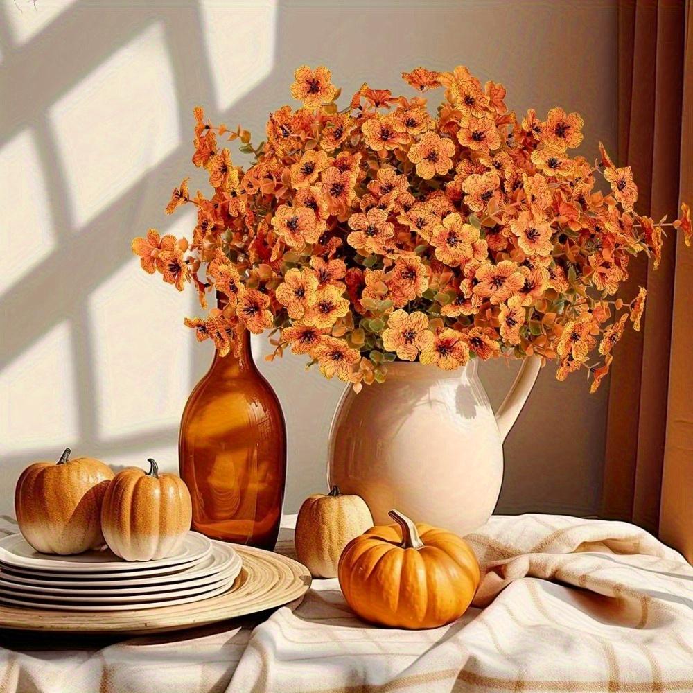 12 Bundles Orange Faux Fall Mums, UV Resistant Artificial Outdoor Flowers for Porch Planters