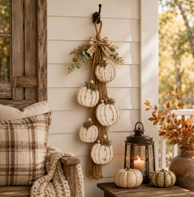 🔥BUY 2 SAVE 15% -🎃 Rustic White Pumpkin Hanging Swag – 5-Pumpkin Fall Door & Wall Decoration for Farmhouse Autumn Decor