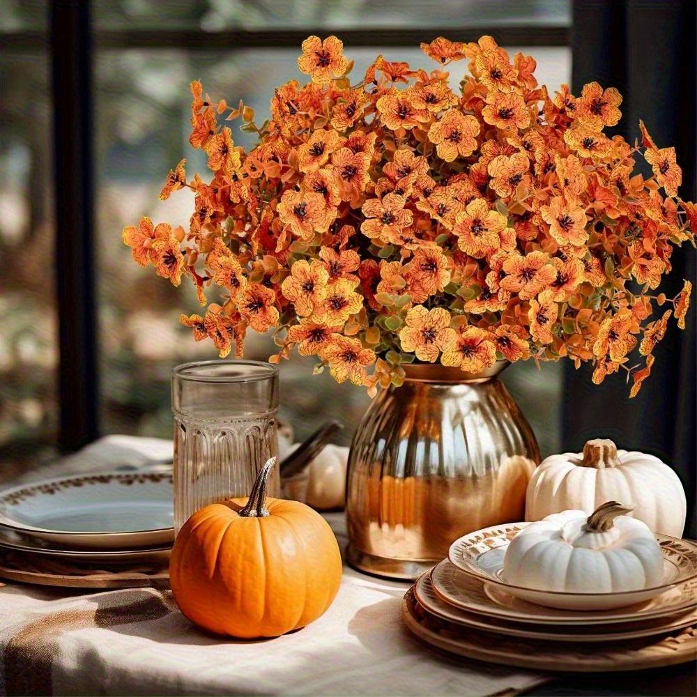 12 Bundles Orange Faux Fall Mums, UV Resistant Artificial Outdoor Flowers for Porch Planters