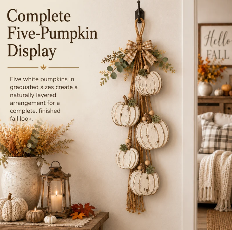 🔥BUY 2 SAVE 15% -🎃 Rustic White Pumpkin Hanging Swag – 5-Pumpkin Fall Door & Wall Decoration for Farmhouse Autumn Decor