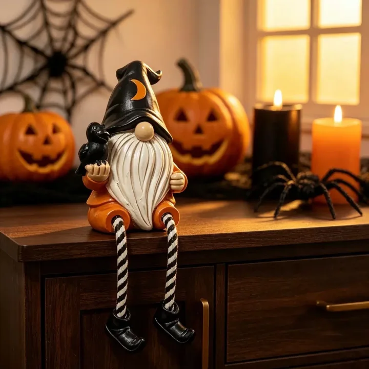 Spooky Halloween Gnome Ornaments Set, Hand-Painted Resin Figurines with Crow, Pumpkin, Black Cat Designs, Cute Fall Table Decor for Home Mantel Shelf - Ideal Gift for Indoor Recreation