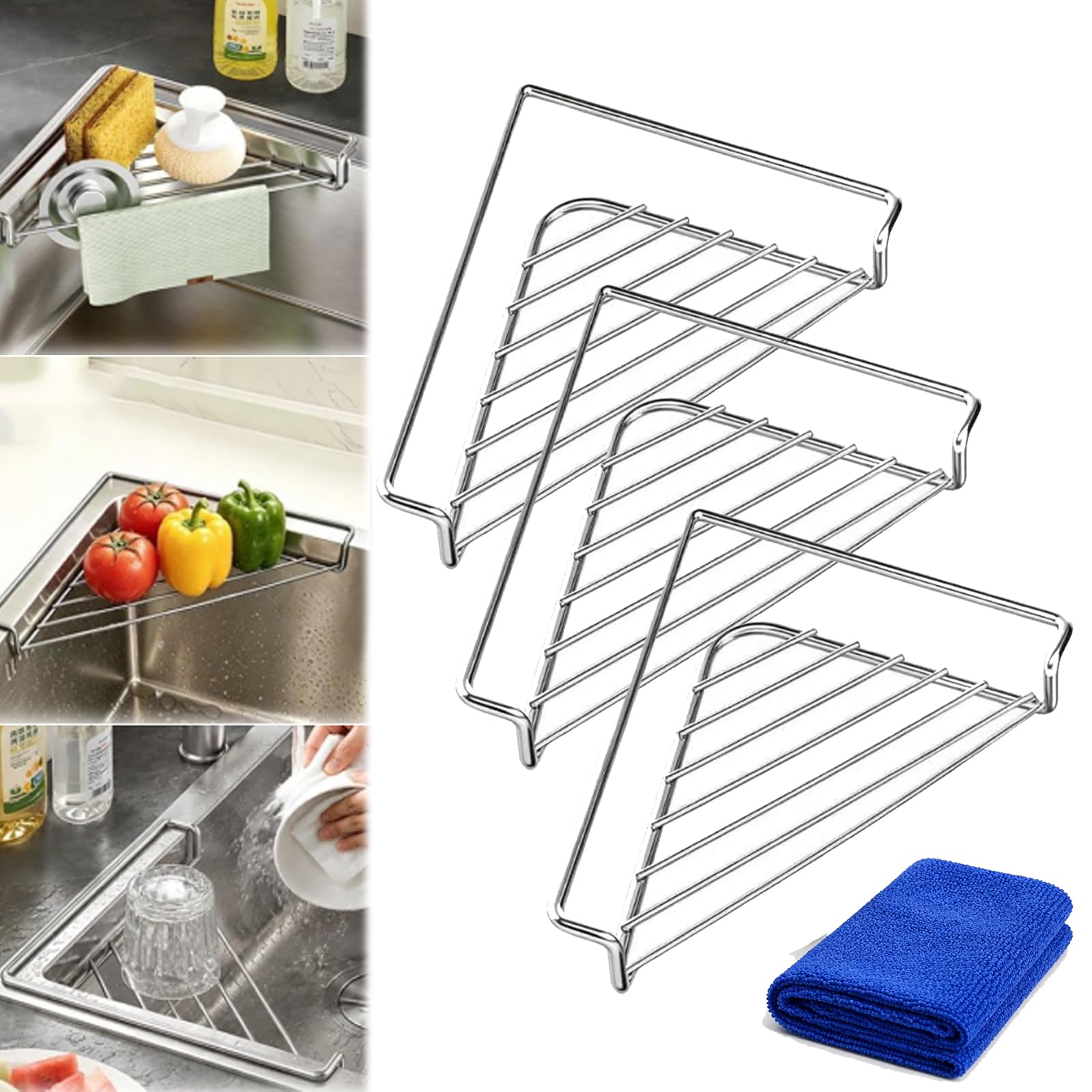 🧼 304 Stainless Steel Triangle Sink Corner Rack, Open Drainage Kitchen Sink Organizer for Sponge Dishcloth