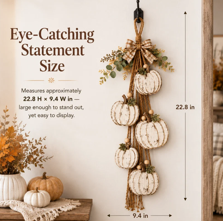 🔥BUY 2 SAVE 15% -🎃 Rustic White Pumpkin Hanging Swag – 5-Pumpkin Fall Door & Wall Decoration for Farmhouse Autumn Decor