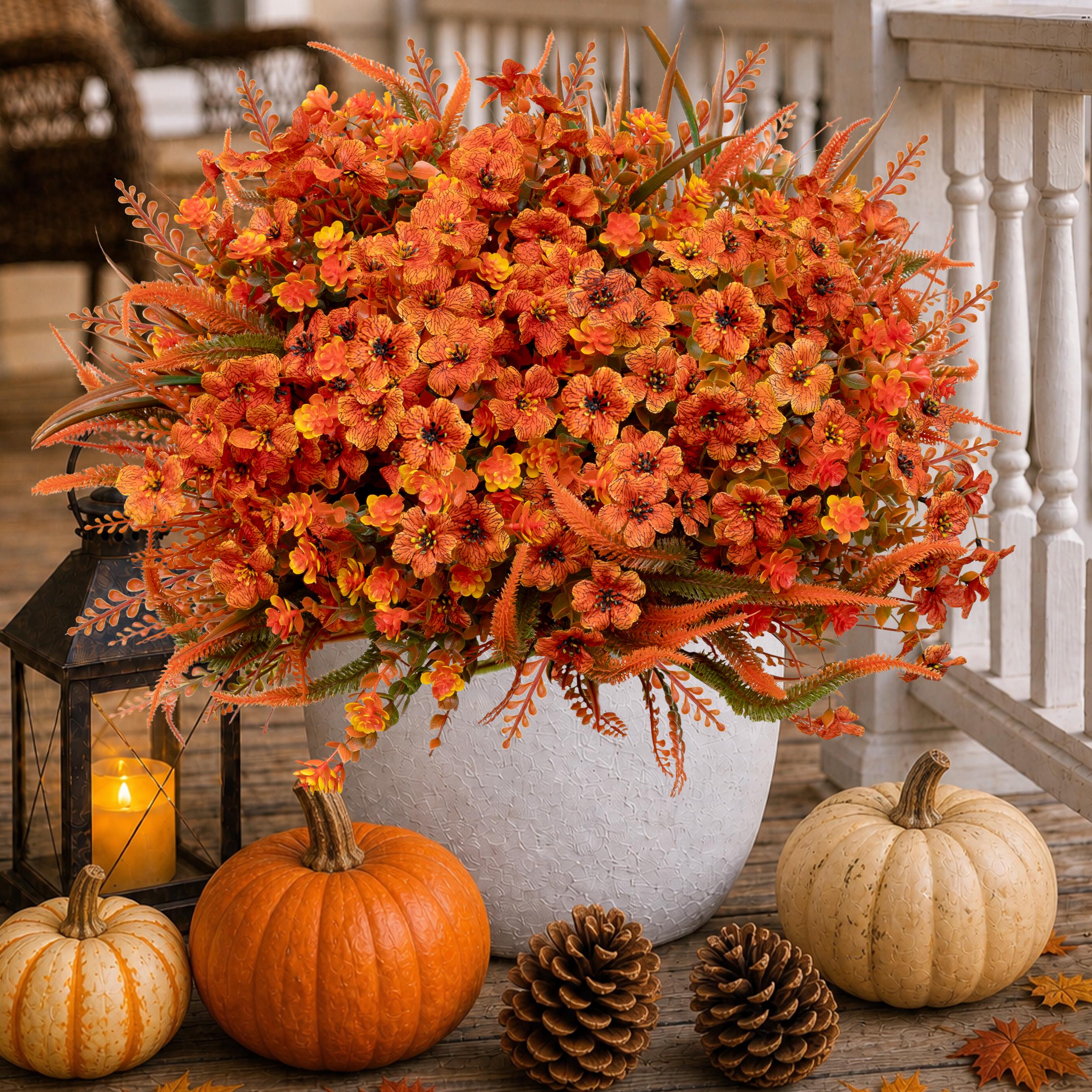 12 Bundles Orange Faux Fall Mums, UV Resistant Artificial Outdoor Flowers for Porch Planters
