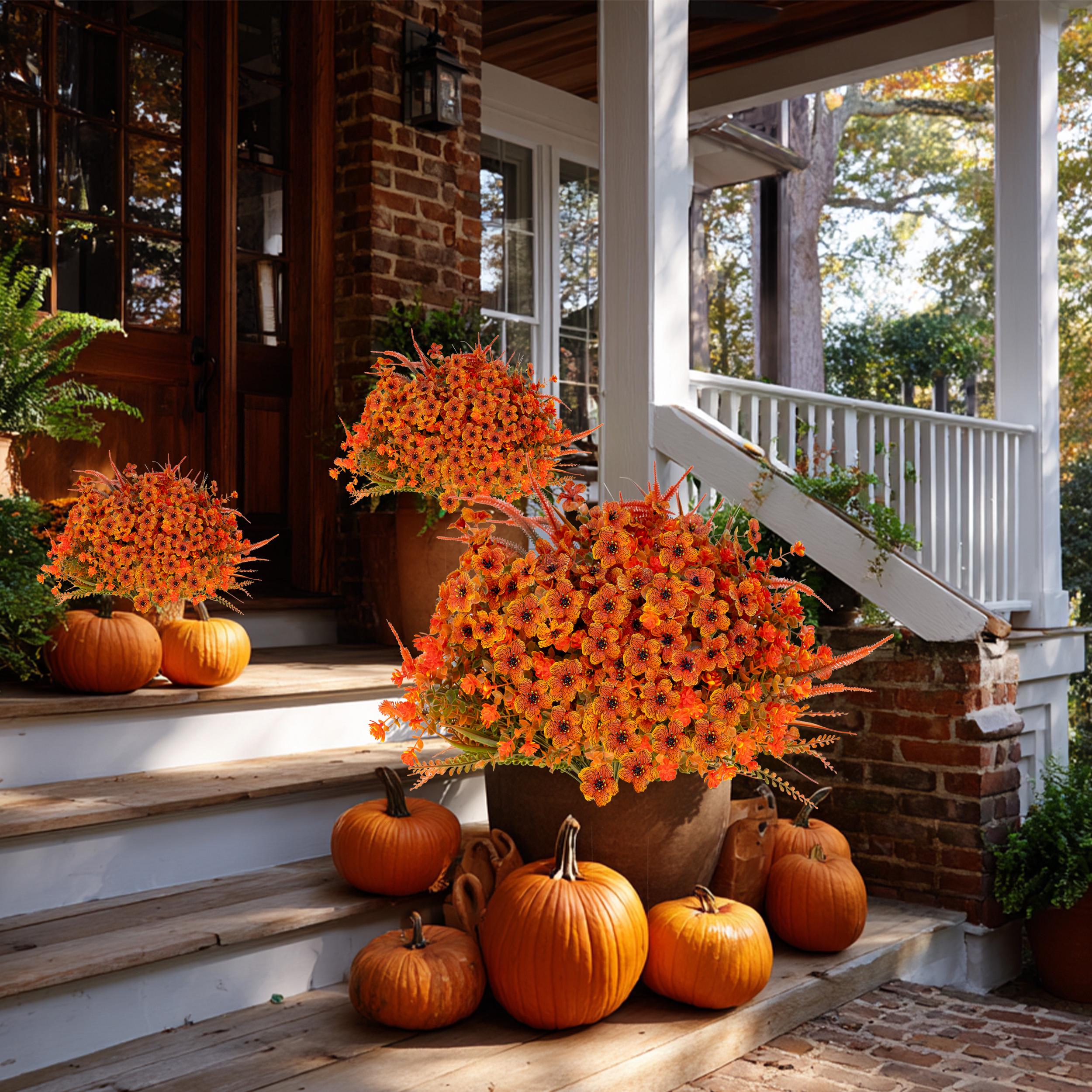 12 Bundles Orange Faux Fall Mums, UV Resistant Artificial Outdoor Flowers for Porch Planters