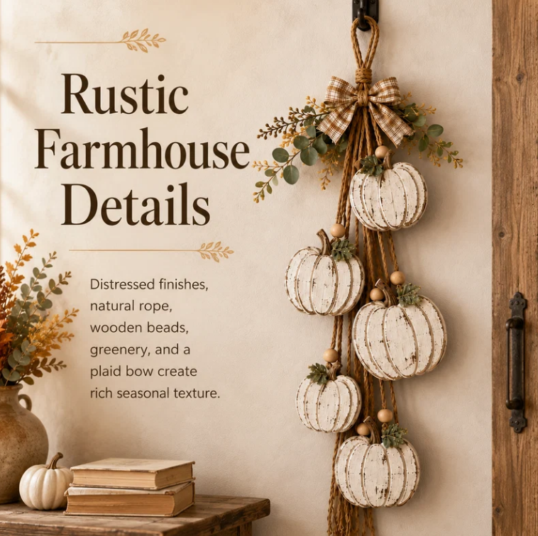 🔥BUY 2 SAVE 15% -🎃 Rustic White Pumpkin Hanging Swag – 5-Pumpkin Fall Door & Wall Decoration for Farmhouse Autumn Decor