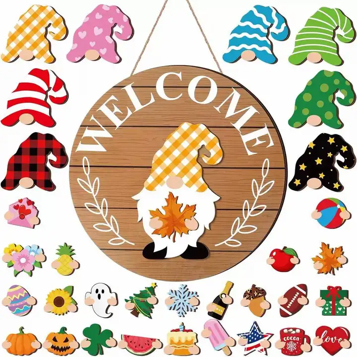 Gejoy Interchangeable Gnome Decor Halloween Welcome Sign Wooden Sign With Detachable Gnome Hats Magnet Wall Hanging For Home Graden Porch Halloween Christmas Thanksgiving Autumn Party, Season Gnomes Decor, Housewarming Gift, Door Wreath
