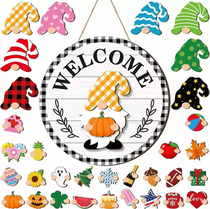 Gejoy Interchangeable Gnome Decor Halloween Welcome Sign Wooden Sign With Detachable Gnome Hats Magnet Wall Hanging For Home Graden Porch Halloween Christmas Thanksgiving Autumn Party, Season Gnomes Decor, Housewarming Gift, Door Wreath
