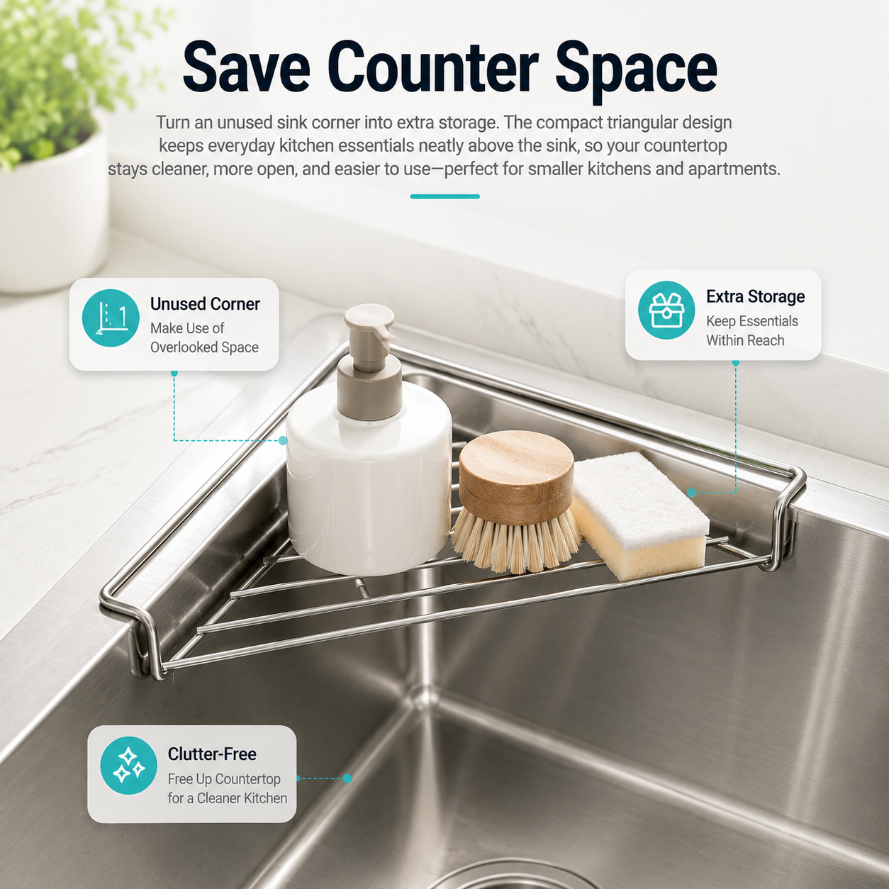 Space saving corner sink storage rack
