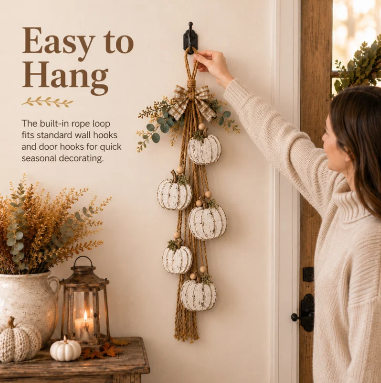 🔥BUY 2 SAVE 15% -🎃 Rustic White Pumpkin Hanging Swag – 5-Pumpkin Fall Door & Wall Decoration for Farmhouse Autumn Decor