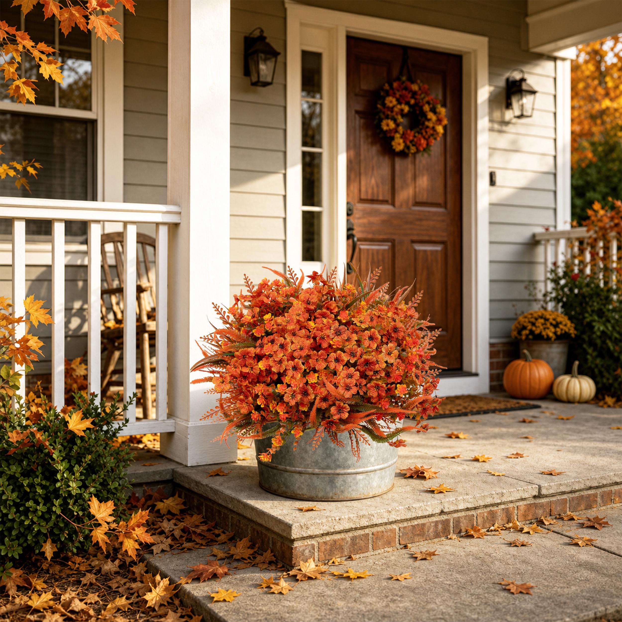 12 Bundles Orange Faux Fall Mums, UV Resistant Artificial Outdoor Flowers for Porch Planters