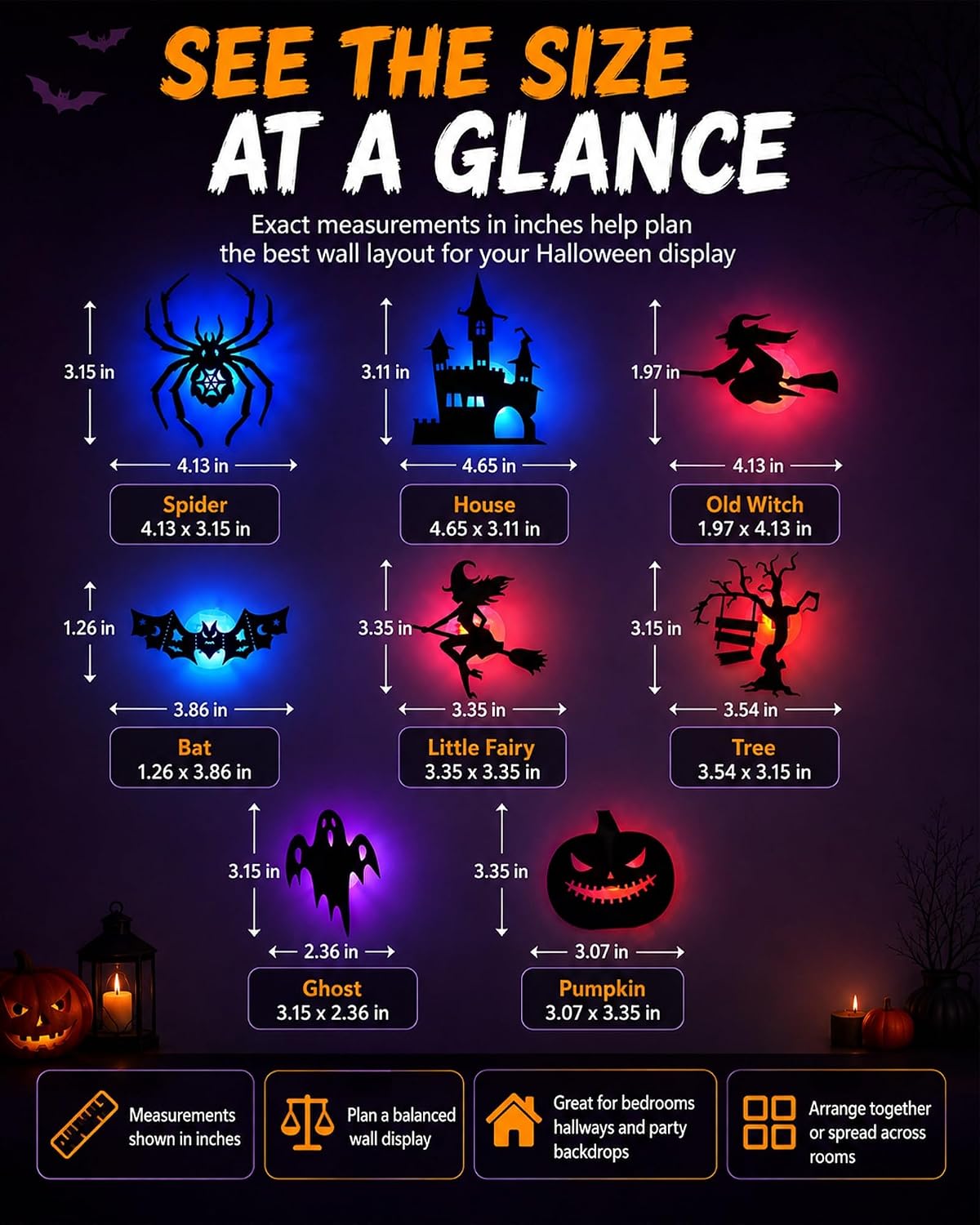 Halloween LED Wall Decor Lights, 3D Glowing Bat Stickers for Indoor Outdoor Use, Removable Light-Up Decals for Window, Room, Party Decoration (Ghost, Spider, Witch Designs)