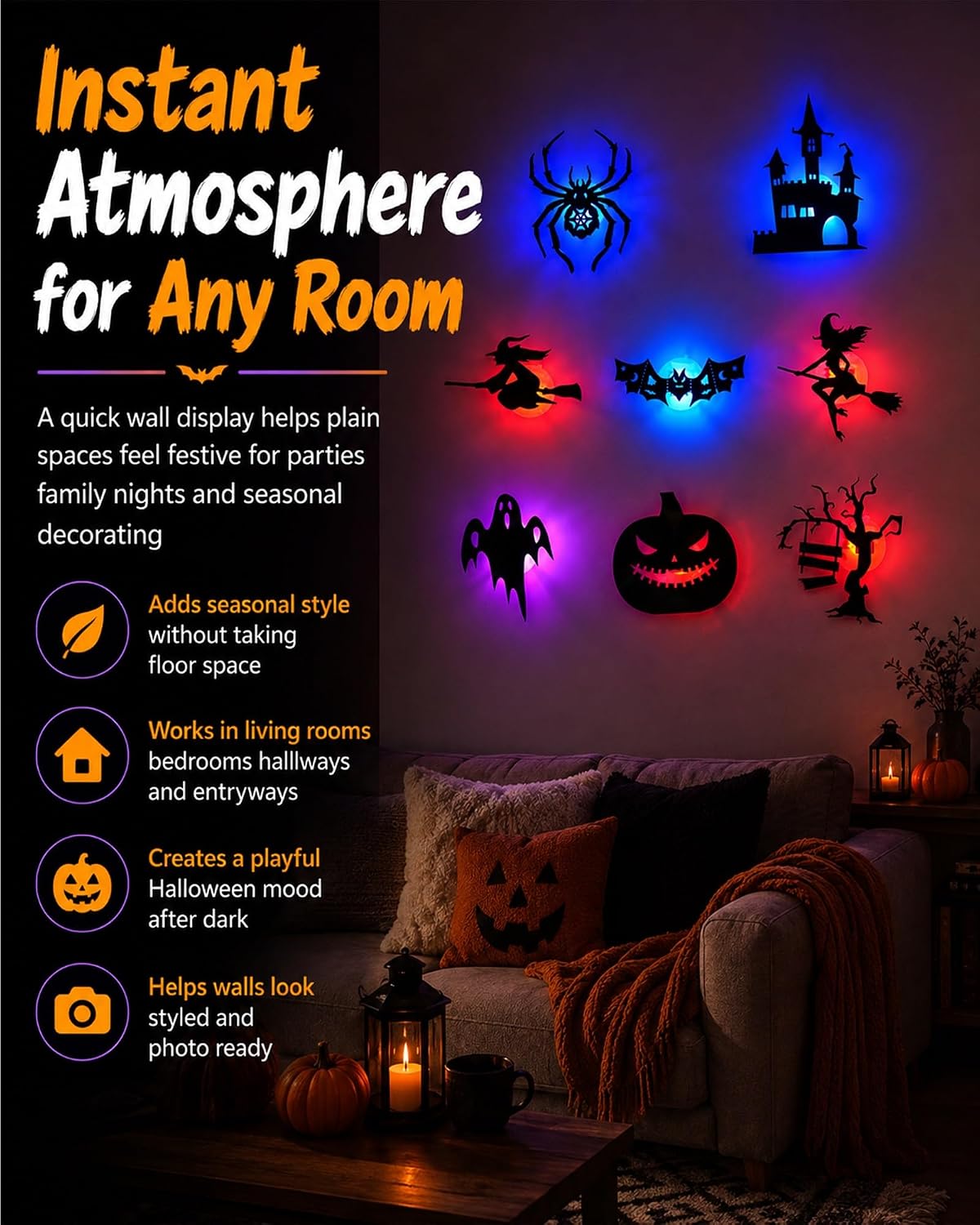 Halloween LED Wall Decor Lights, 3D Glowing Bat Stickers for Indoor Outdoor Use, Removable Light-Up Decals for Window, Room, Party Decoration (Ghost, Spider, Witch Designs)