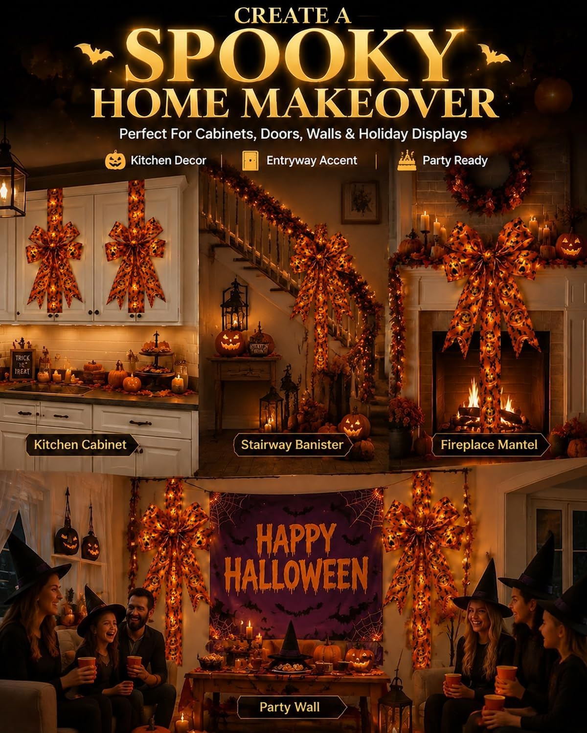 Giant Halloween Light-Up Bow Decoration, Glowing Pumpkin Ribbon Wreath Sash, Bat Bow Tree Topper & Garland, Orange Fall Tassel Skirt for Front Door Indoor Outdoor Party Wall
