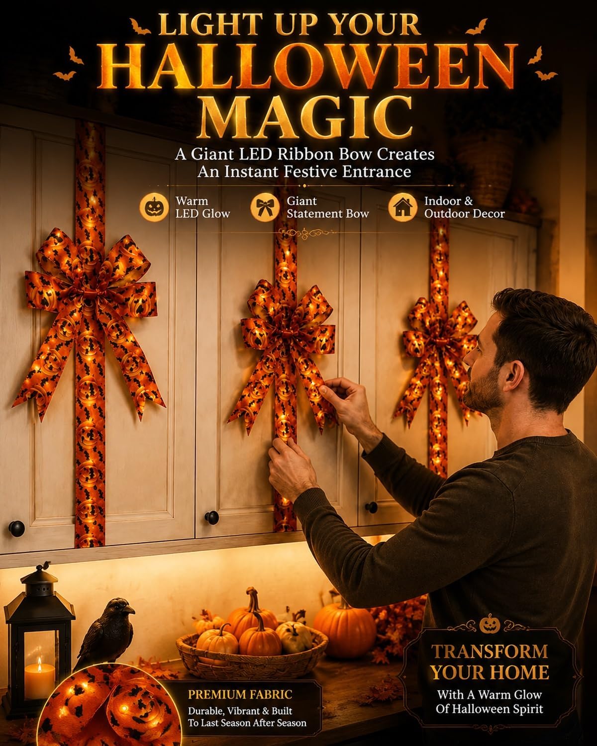 Giant Halloween Light-Up Bow Decoration, Glowing Pumpkin Ribbon Wreath Sash, Bat Bow Tree Topper & Garland, Orange Fall Tassel Skirt for Front Door Indoor Outdoor Party Wall