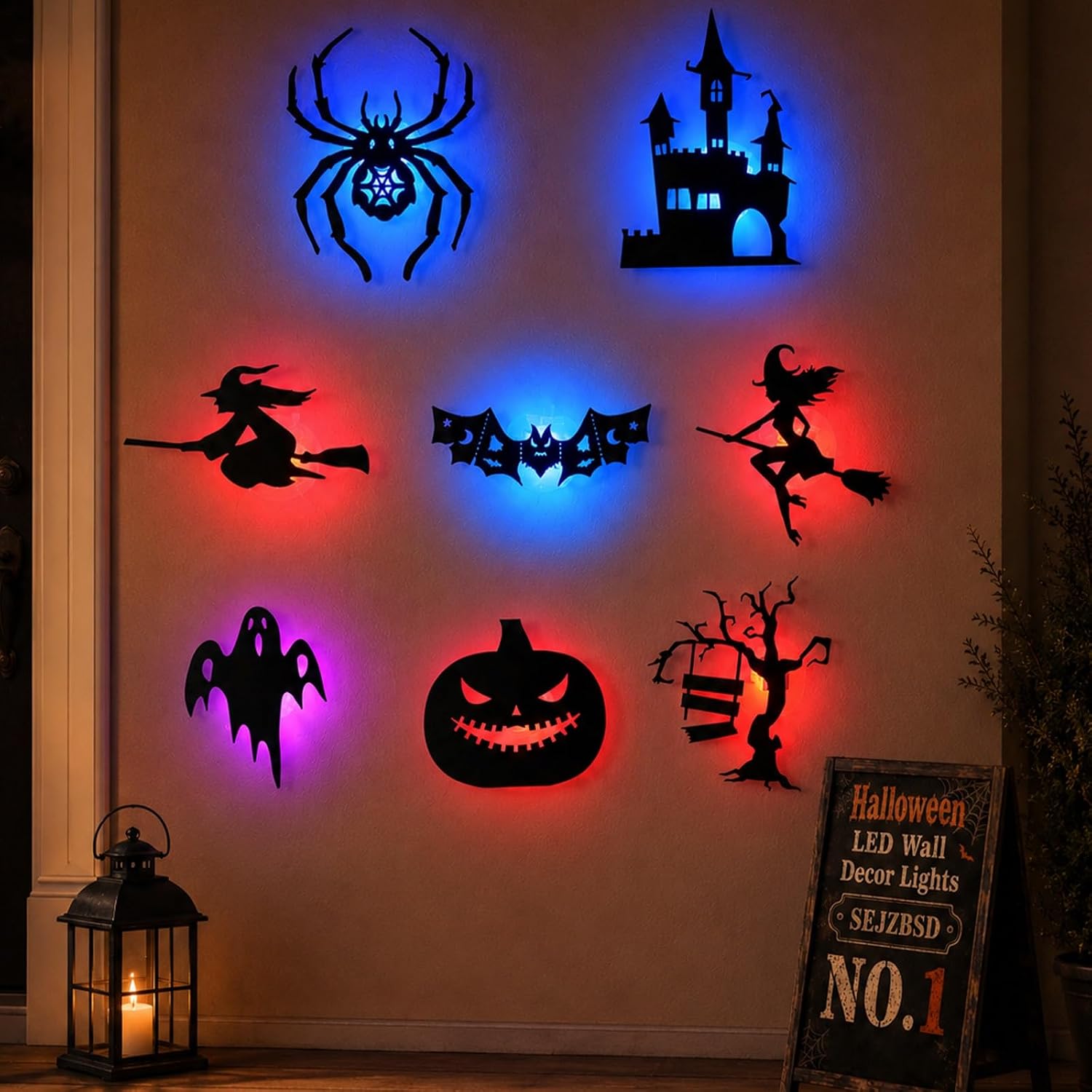 Halloween LED Wall Decor Lights, 3D Glowing Bat Stickers for Indoor Outdoor Use, Removable Light-Up Decals for Window, Room, Party Decoration (Ghost, Spider, Witch Designs)