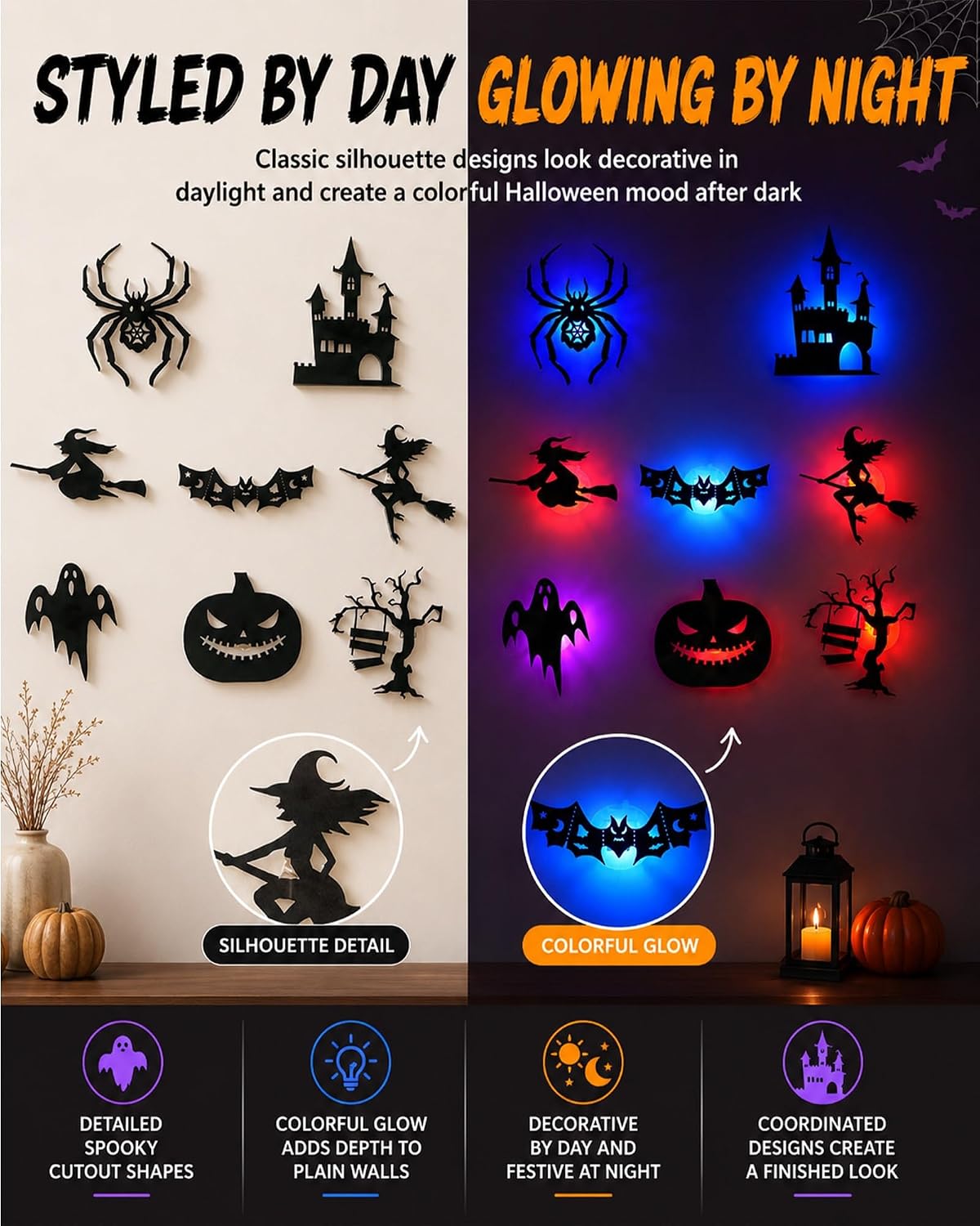 Halloween LED Wall Decor Lights, 3D Glowing Bat Stickers for Indoor Outdoor Use, Removable Light-Up Decals for Window, Room, Party Decoration (Ghost, Spider, Witch Designs)