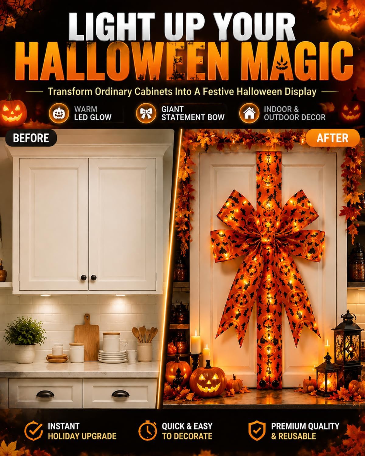 Giant Halloween Light-Up Bow Decoration, Glowing Pumpkin Ribbon Wreath Sash, Bat Bow Tree Topper & Garland, Orange Fall Tassel Skirt for Front Door Indoor Outdoor Party Wall