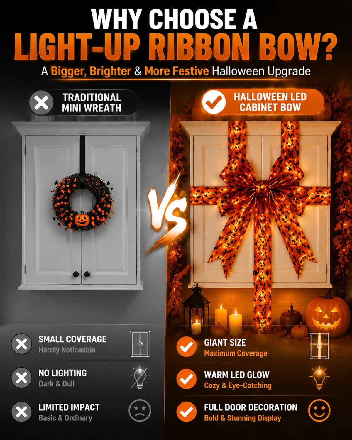 Giant Halloween Light-Up Bow Decoration, Glowing Pumpkin Ribbon Wreath Sash, Bat Bow Tree Topper & Garland, Orange Fall Tassel Skirt for Front Door Indoor Outdoor Party Wall
