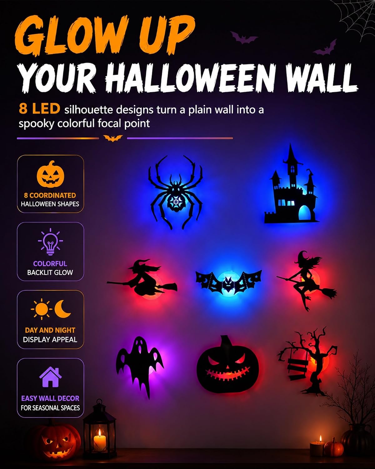 Halloween LED Wall Decor Lights, 3D Glowing Bat Stickers for Indoor Outdoor Use, Removable Light-Up Decals for Window, Room, Party Decoration (Ghost, Spider, Witch Designs)
