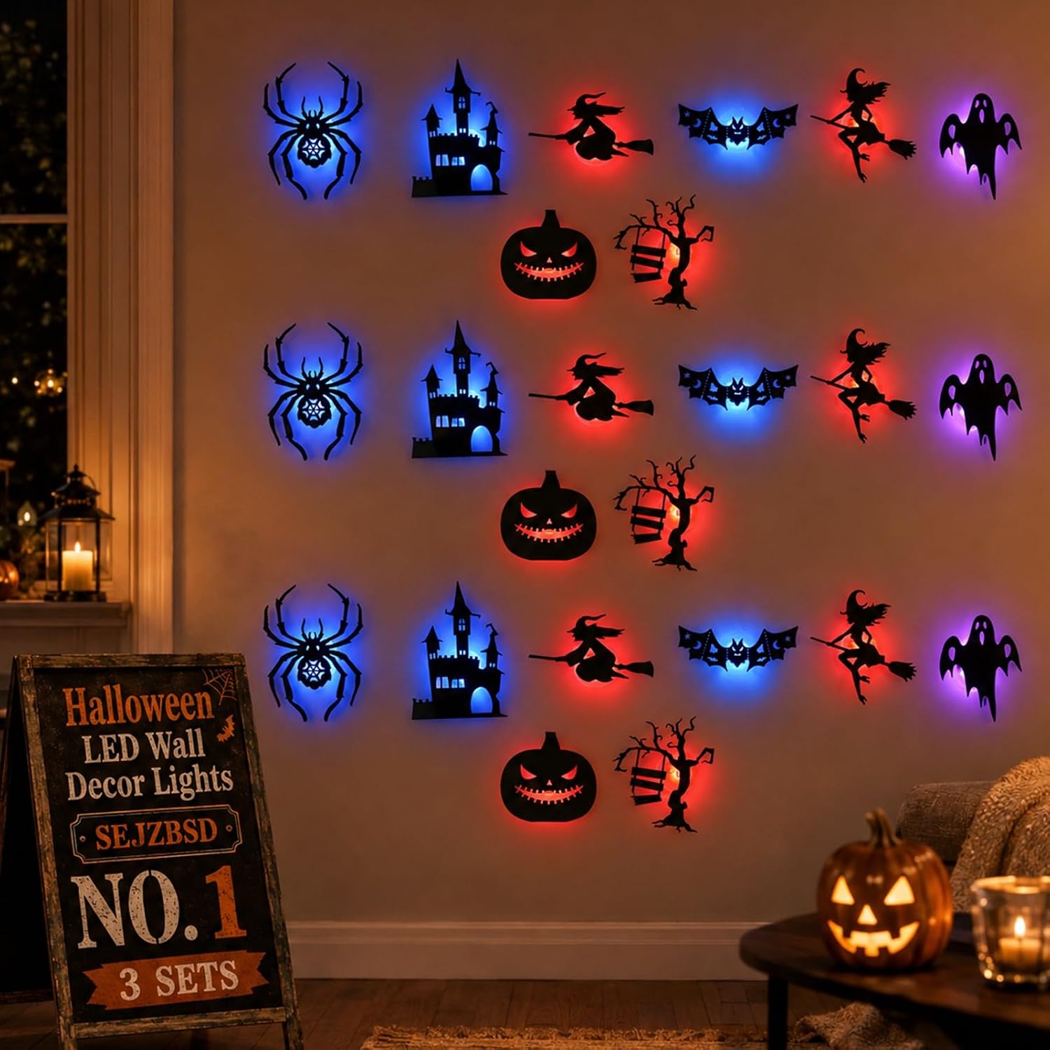 Halloween LED Wall Decor Lights, 3D Glowing Bat Stickers for Indoor Outdoor Use, Removable Light-Up Decals for Window, Room, Party Decoration (Ghost, Spider, Witch Designs)