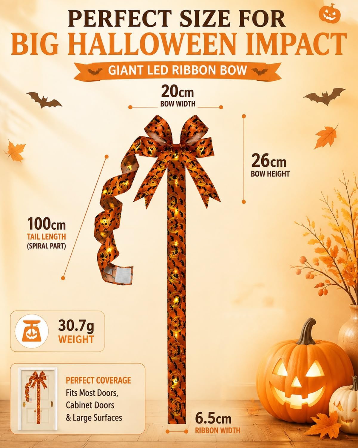 Giant Halloween Light-Up Bow Decoration, Glowing Pumpkin Ribbon Wreath Sash, Bat Bow Tree Topper & Garland, Orange Fall Tassel Skirt for Front Door Indoor Outdoor Party Wall