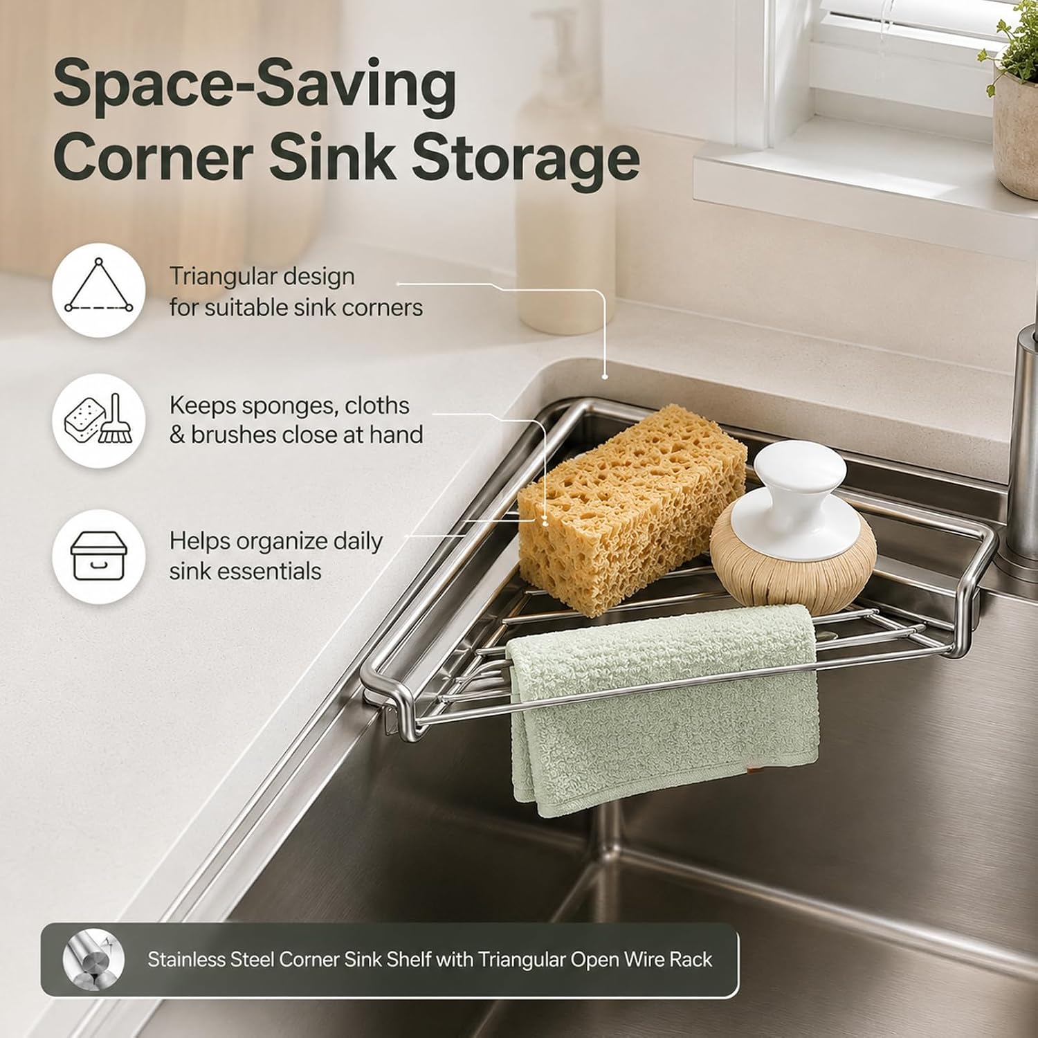 🧼 304 Stainless Steel Triangle Sink Corner Rack, Open Drainage Kitchen Sink Organizer for Sponge Dishcloth