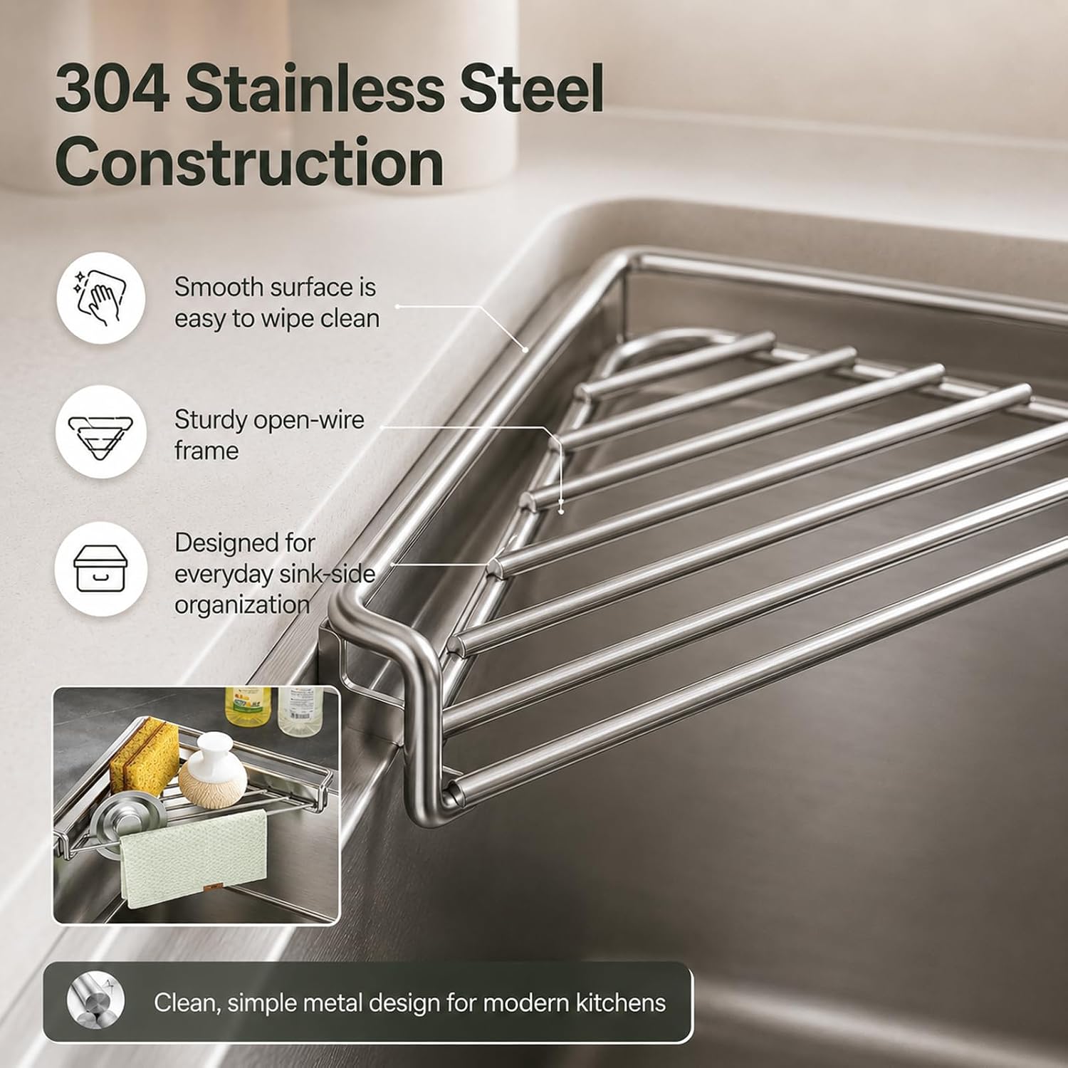 🧼 304 Stainless Steel Triangle Sink Corner Rack, Open Drainage Kitchen Sink Organizer for Sponge Dishcloth