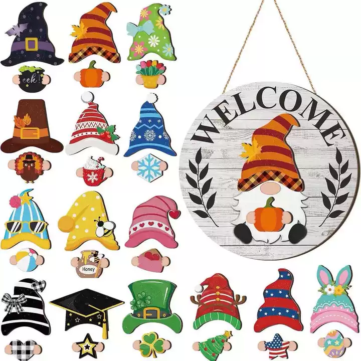Gejoy Interchangeable Gnome Decor Halloween Welcome Sign Wooden Sign With Detachable Gnome Hats Magnet Wall Hanging For Home Graden Porch Halloween Christmas Thanksgiving Autumn Party, Season Gnomes Decor, Housewarming Gift, Door Wreath