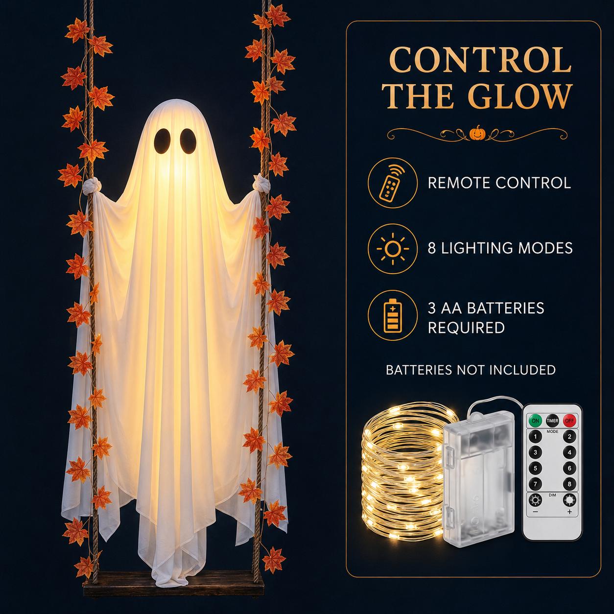 LED Light-Up Swinging Ghost Halloween Decoration with Maple Leaf Garland & Remote Control, Hanging Outdoor Decor for Yd, Porch & Party, Halloween Decorations Outdoor, Party Lighting Decoration