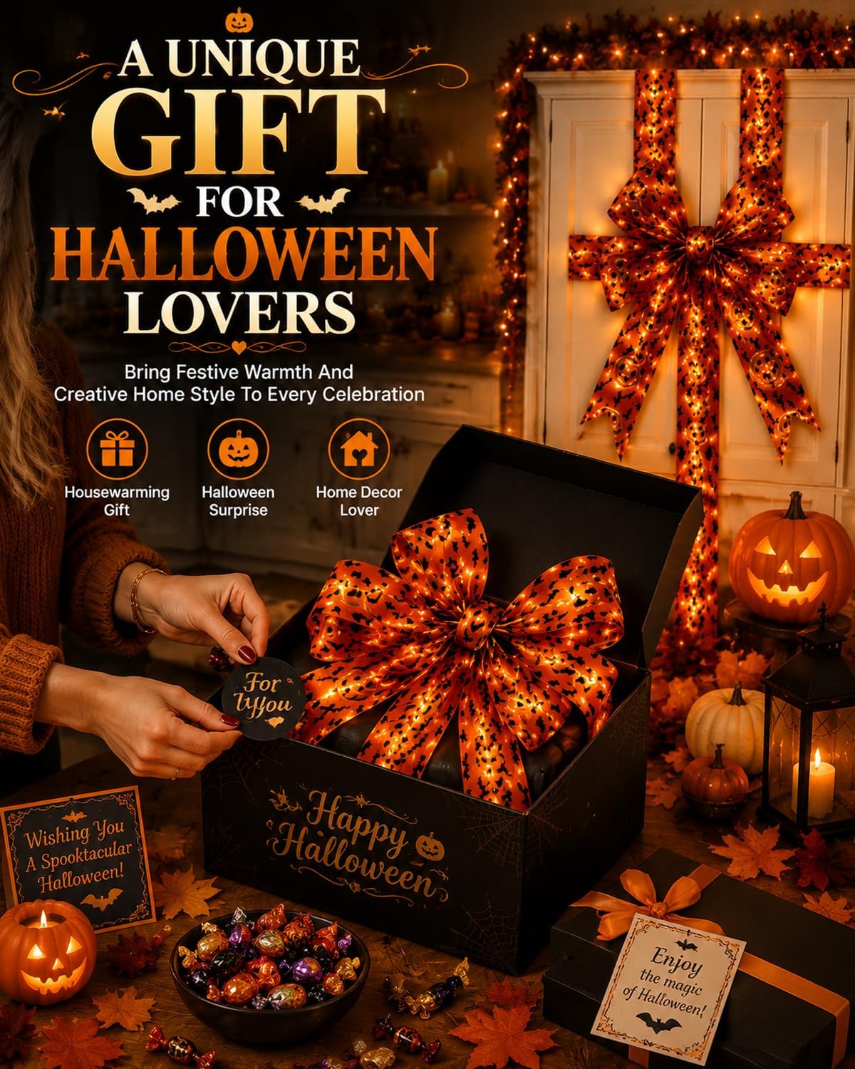 Giant Halloween Light-Up Bow Decoration, Glowing Pumpkin Ribbon Wreath Sash, Bat Bow Tree Topper & Garland, Orange Fall Tassel Skirt for Front Door Indoor Outdoor Party Wall