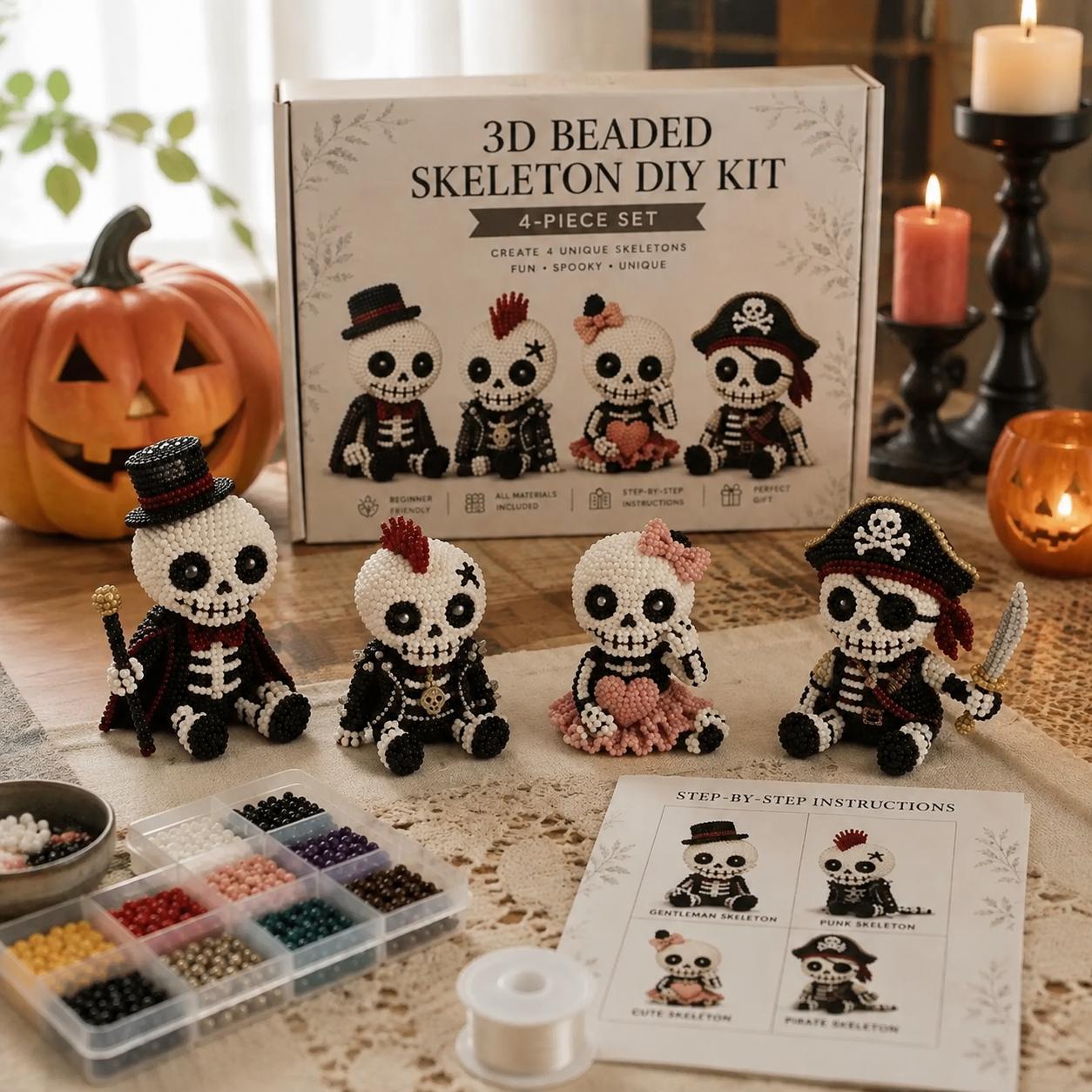 Unisex 3D Beaded Skeleton DIY Kit - 4-Piece Halloween Beading Set with Step-by-Step Instructions, Beginner-Friendly Goth Decor Gift for Adults Unisex 3D Beaded Skeleton DIY Kit - 4-Piece Halloween Beading Set with Step-by-Step Instructions, Beginner-Friendly Goth Decor Gift for Adults