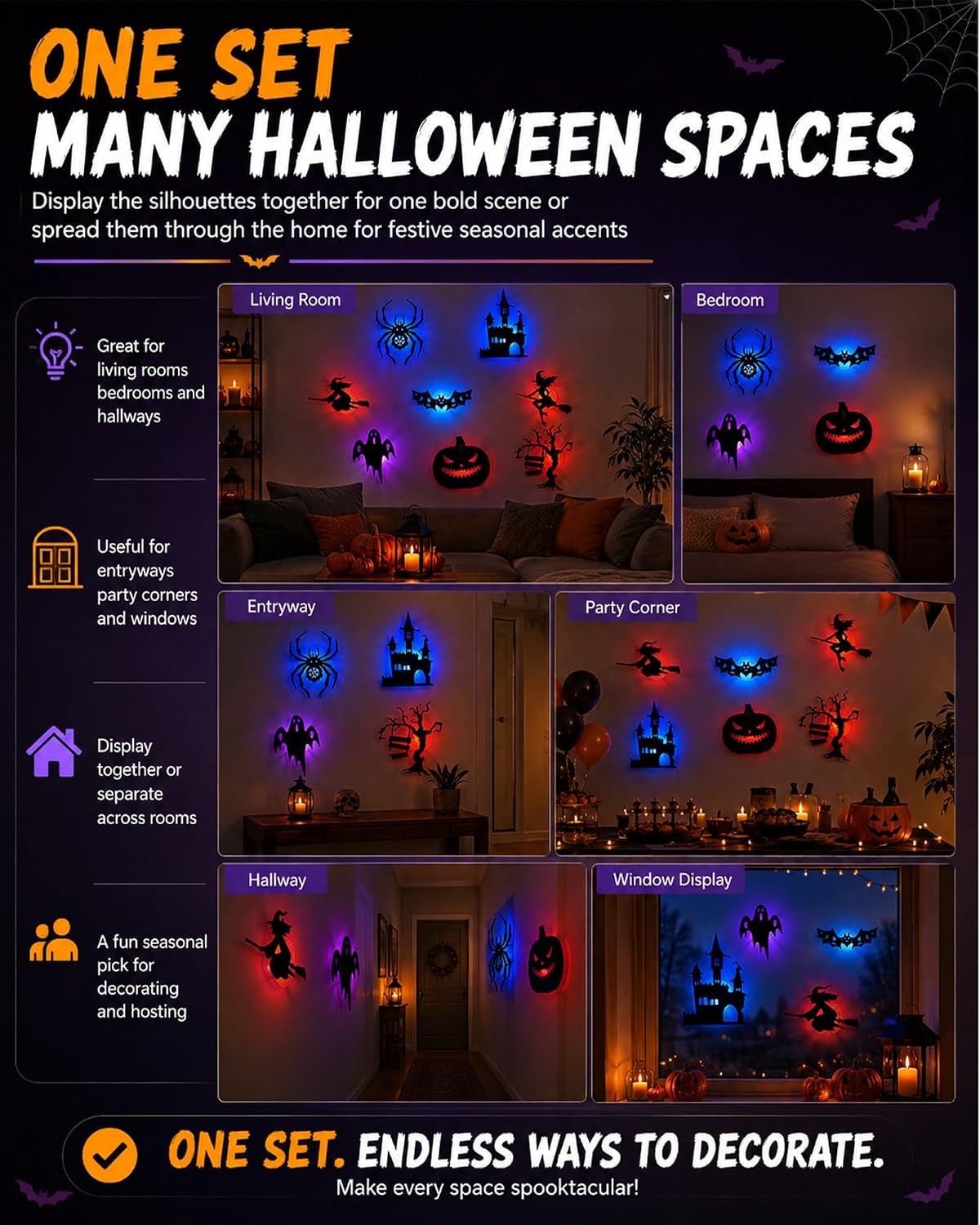 Halloween LED Wall Decor Lights, 3D Glowing Bat Stickers for Indoor Outdoor Use, Removable Light-Up Decals for Window, Room, Party Decoration (Ghost, Spider, Witch Designs)