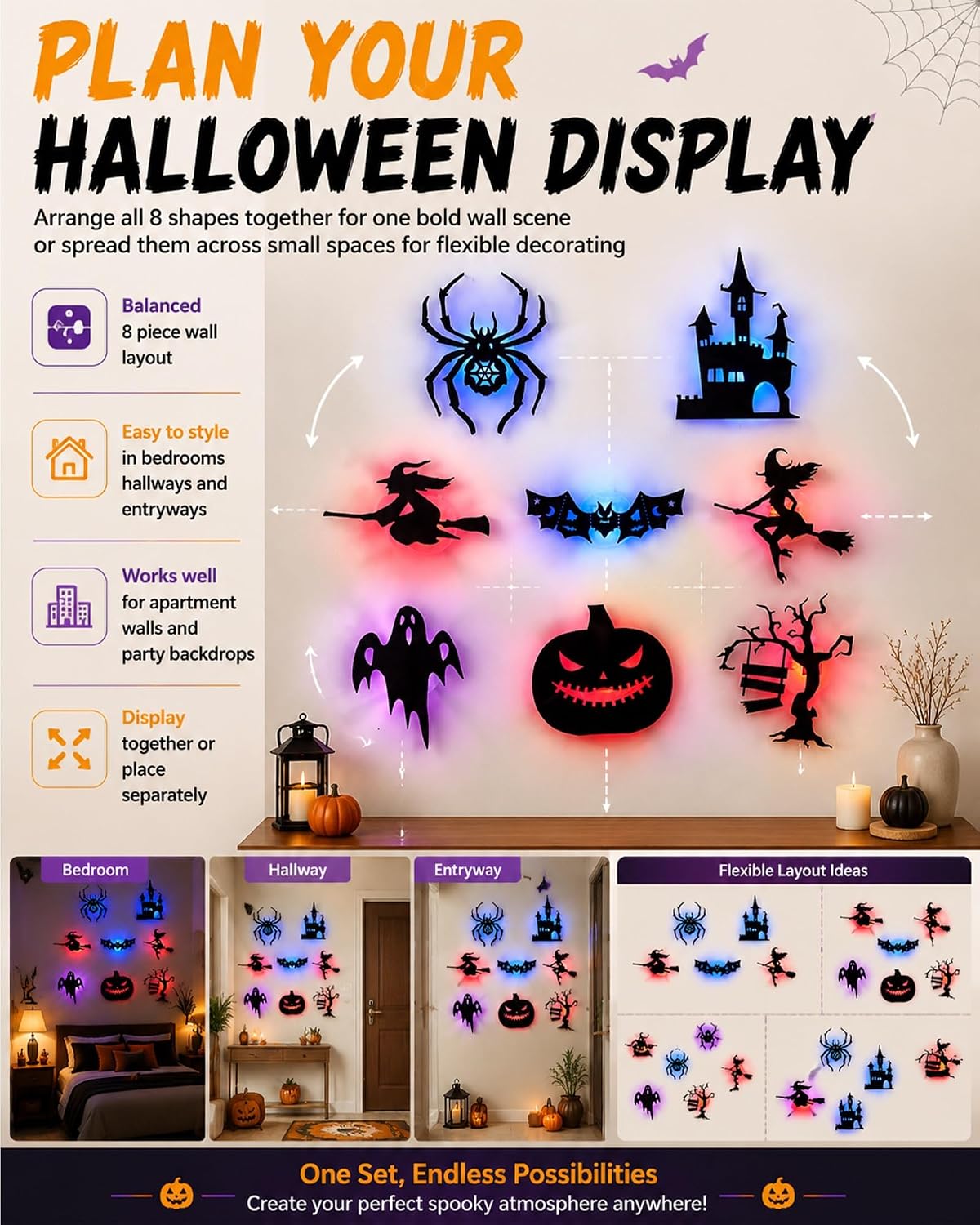 Halloween LED Wall Decor Lights, 3D Glowing Bat Stickers for Indoor Outdoor Use, Removable Light-Up Decals for Window, Room, Party Decoration (Ghost, Spider, Witch Designs)