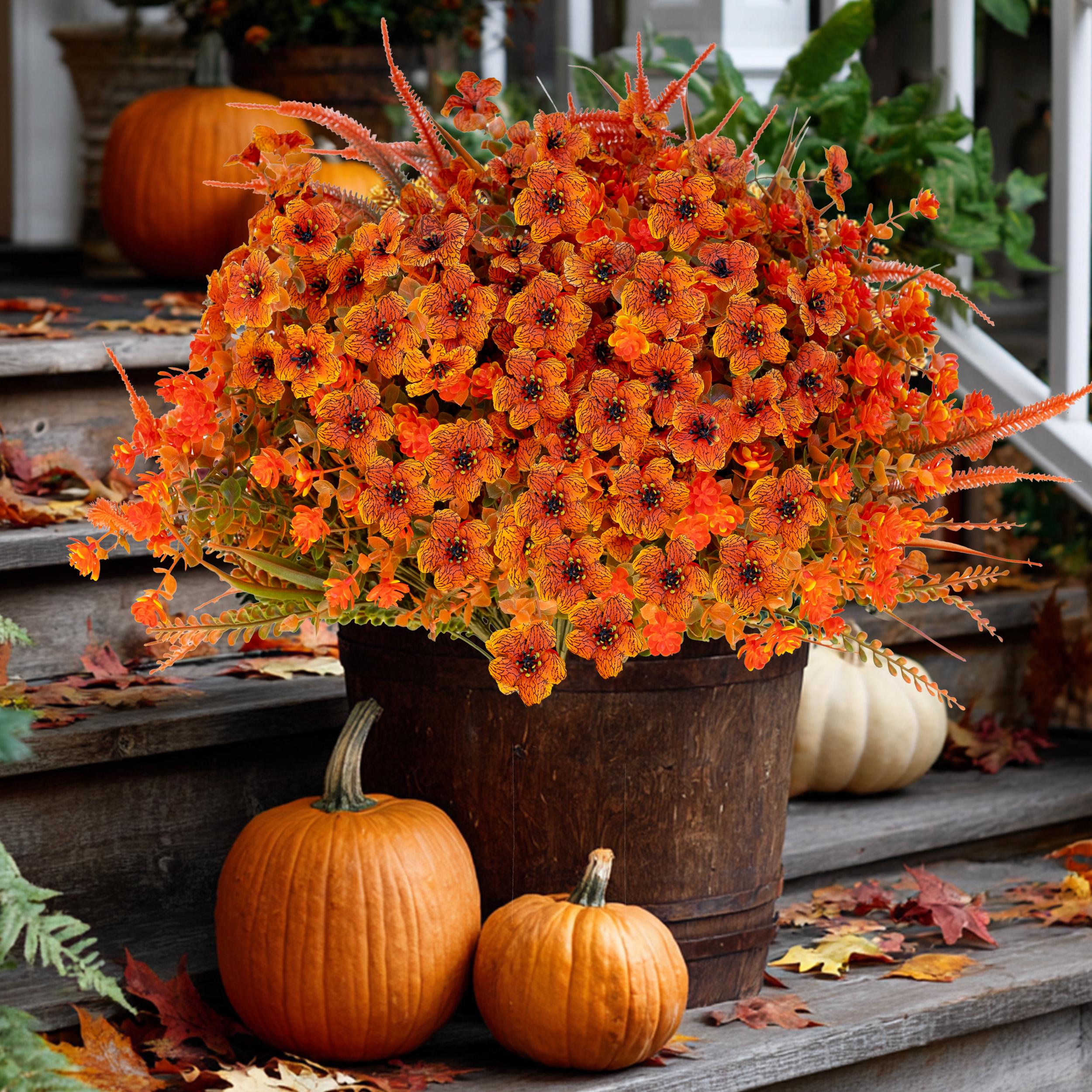 12 Bundles Orange Faux Fall Mums, UV Resistant Artificial Outdoor Flowers for Porch Planters