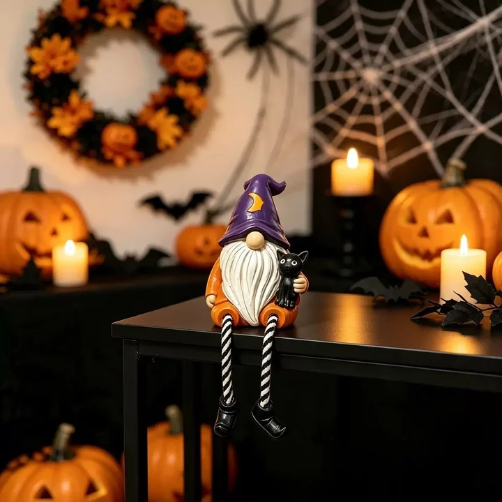 Spooky Halloween Gnome Ornaments Set, Hand-Painted Resin Figurines with Crow, Pumpkin, Black Cat Designs, Cute Fall Table Decor for Home Mantel Shelf - Ideal Gift for Indoor Recreation