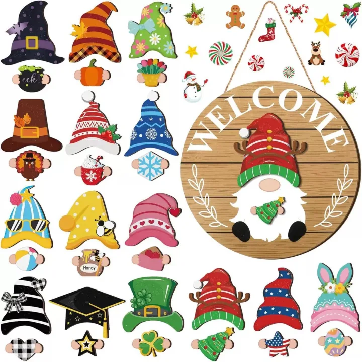 Gejoy Interchangeable Gnome Decor Halloween Welcome Sign Wooden Sign With Detachable Gnome Hats Magnet Wall Hanging For Home Graden Porch Halloween Christmas Thanksgiving Autumn Party, Season Gnomes Decor, Housewarming Gift, Door Wreath