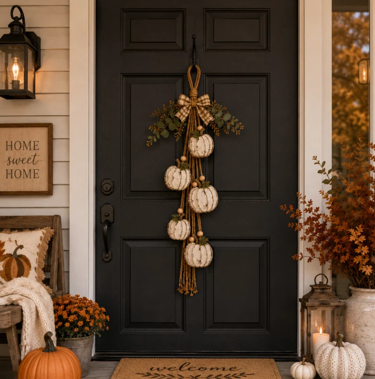 🔥BUY 2 SAVE 15% -🎃 Rustic White Pumpkin Hanging Swag – 5-Pumpkin Fall Door & Wall Decoration for Farmhouse Autumn Decor