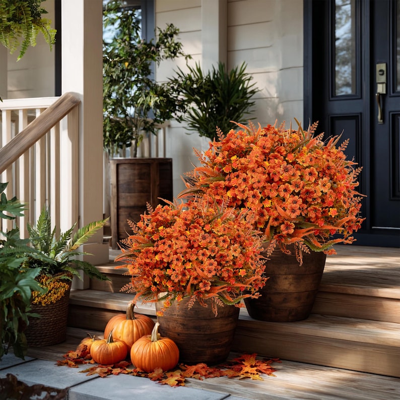 Artificial Mums Flowers: UV Resistant Outdoor Fall Decor - Orange & Green image 6