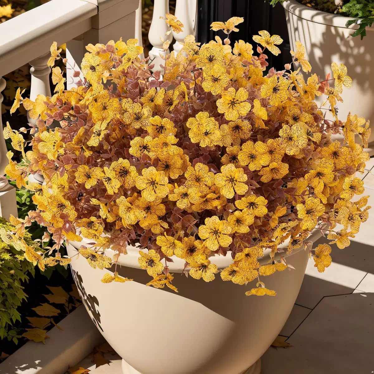 12 Bundles Orange Faux Fall Mums, UV Resistant Artificial Outdoor Flowers for Porch Planters