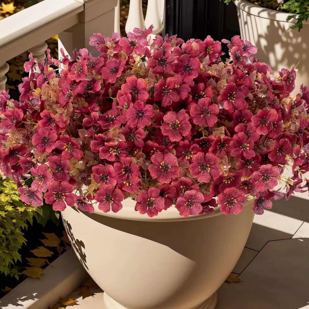 12 Bundles Orange Faux Fall Mums, UV Resistant Artificial Outdoor Flowers for Porch Planters