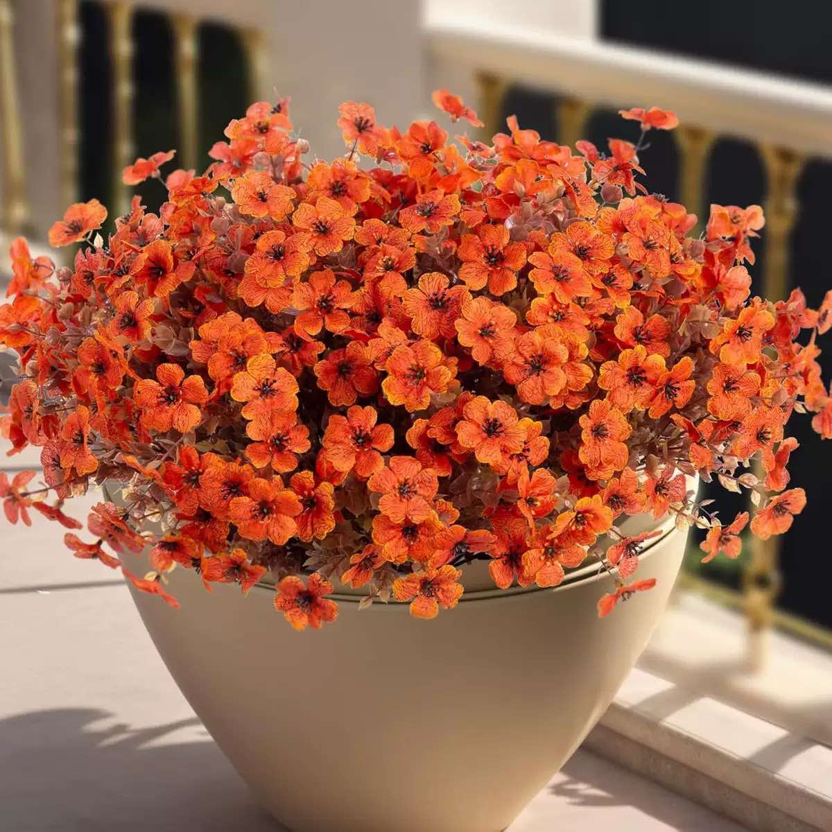 12 Bundles Orange Faux Fall Mums, UV Resistant Artificial Outdoor Flowers for Porch Planters