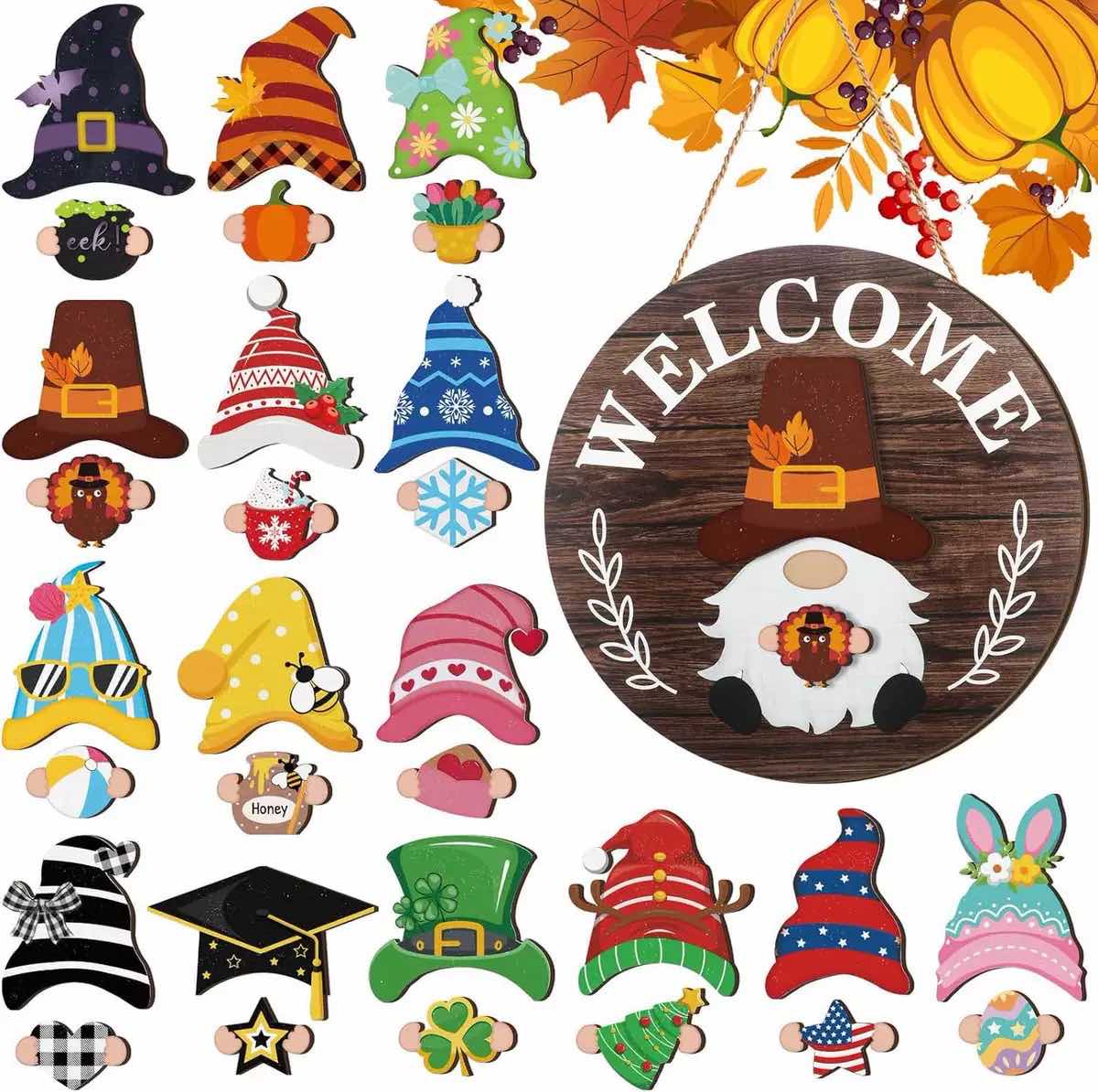 Gejoy Interchangeable Gnome Decor Halloween Welcome Sign Wooden Sign With Detachable Gnome Hats Magnet Wall Hanging For Home Graden Porch Halloween Christmas Thanksgiving Autumn Party, Season Gnomes Decor, Housewarming Gift, Door Wreath
