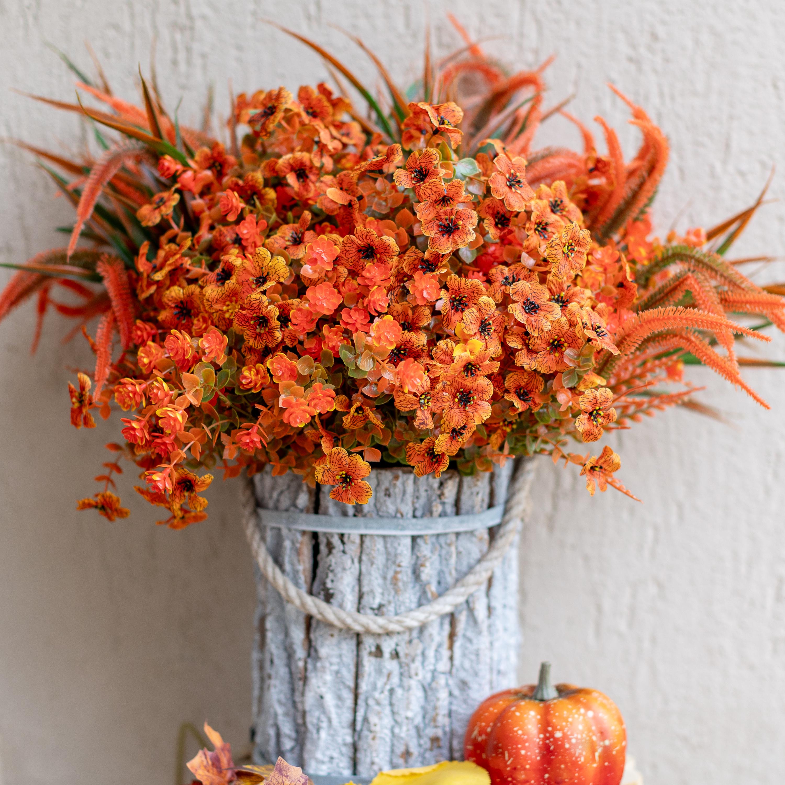 12 Bundles Orange Faux Fall Mums, UV Resistant Artificial Outdoor Flowers for Porch Planters